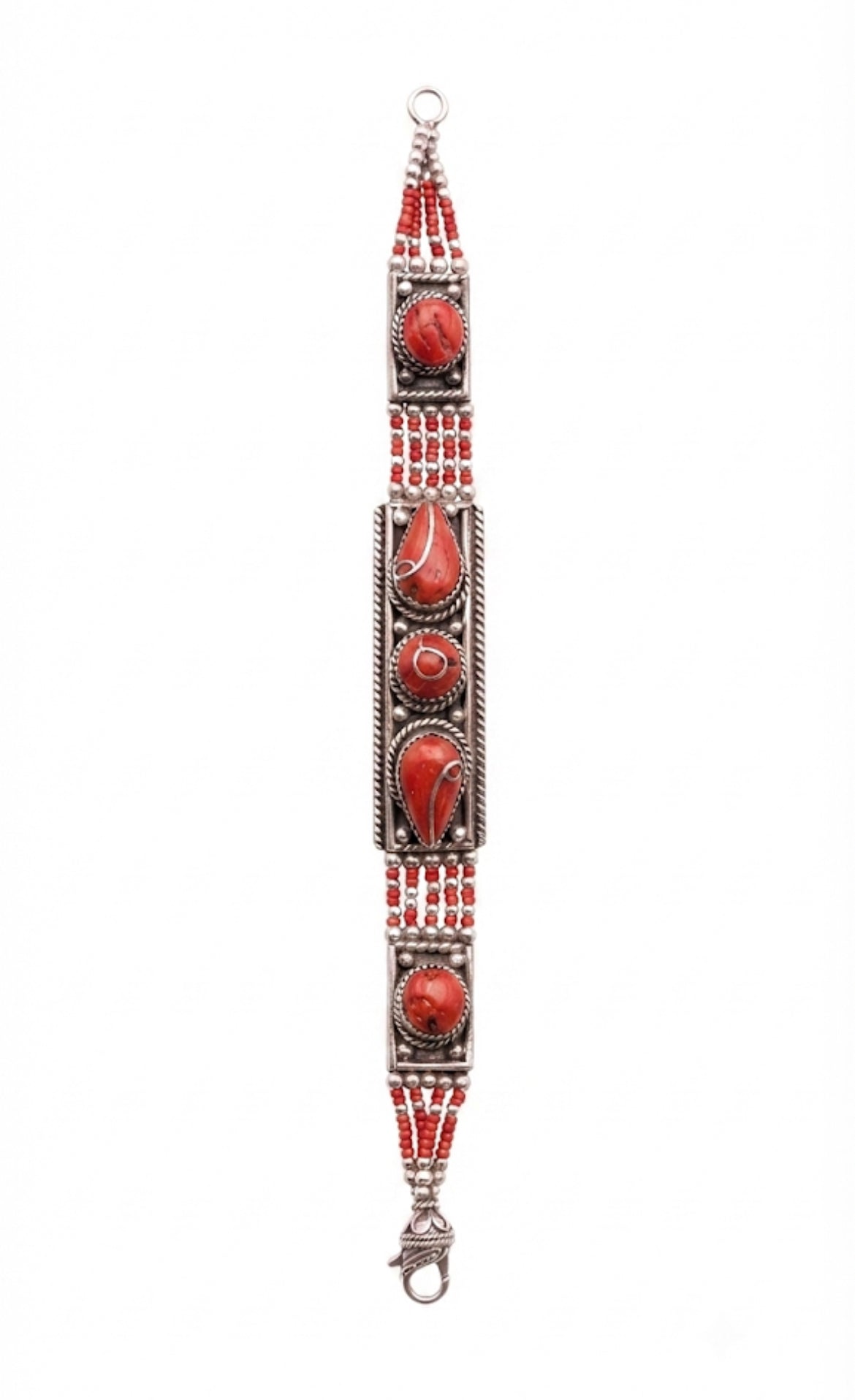 Nepali Coral Gemstone Bracelet, Boho Tribal Silver Bracelet