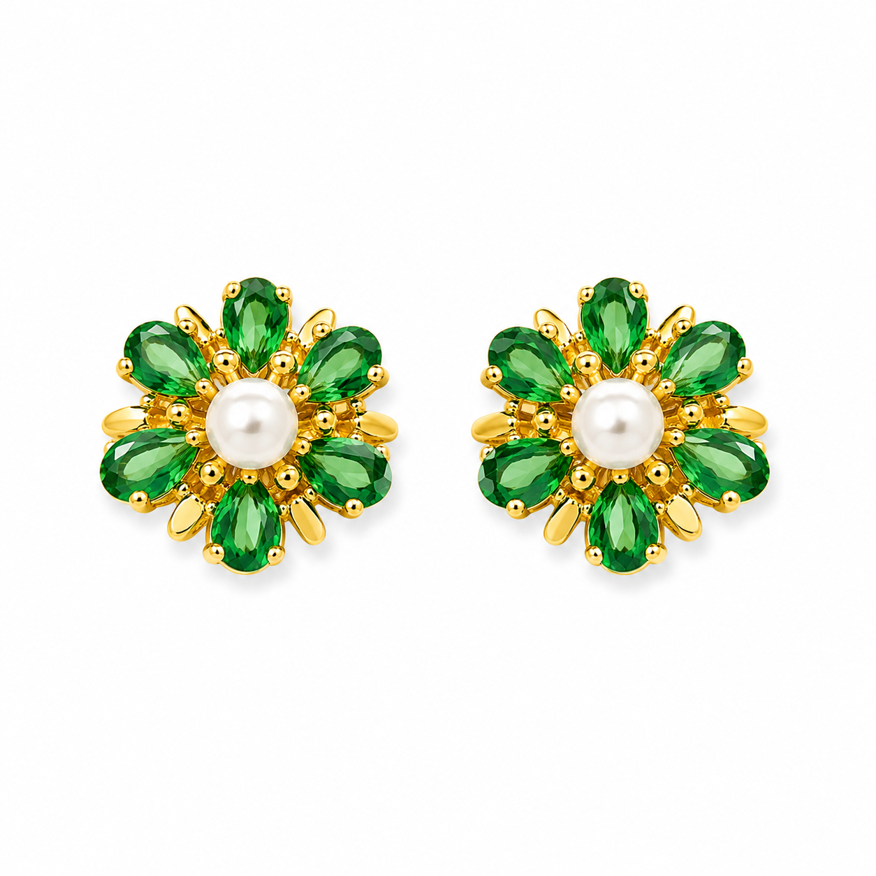 Emerald Green Floral Pearl Stud Earrings