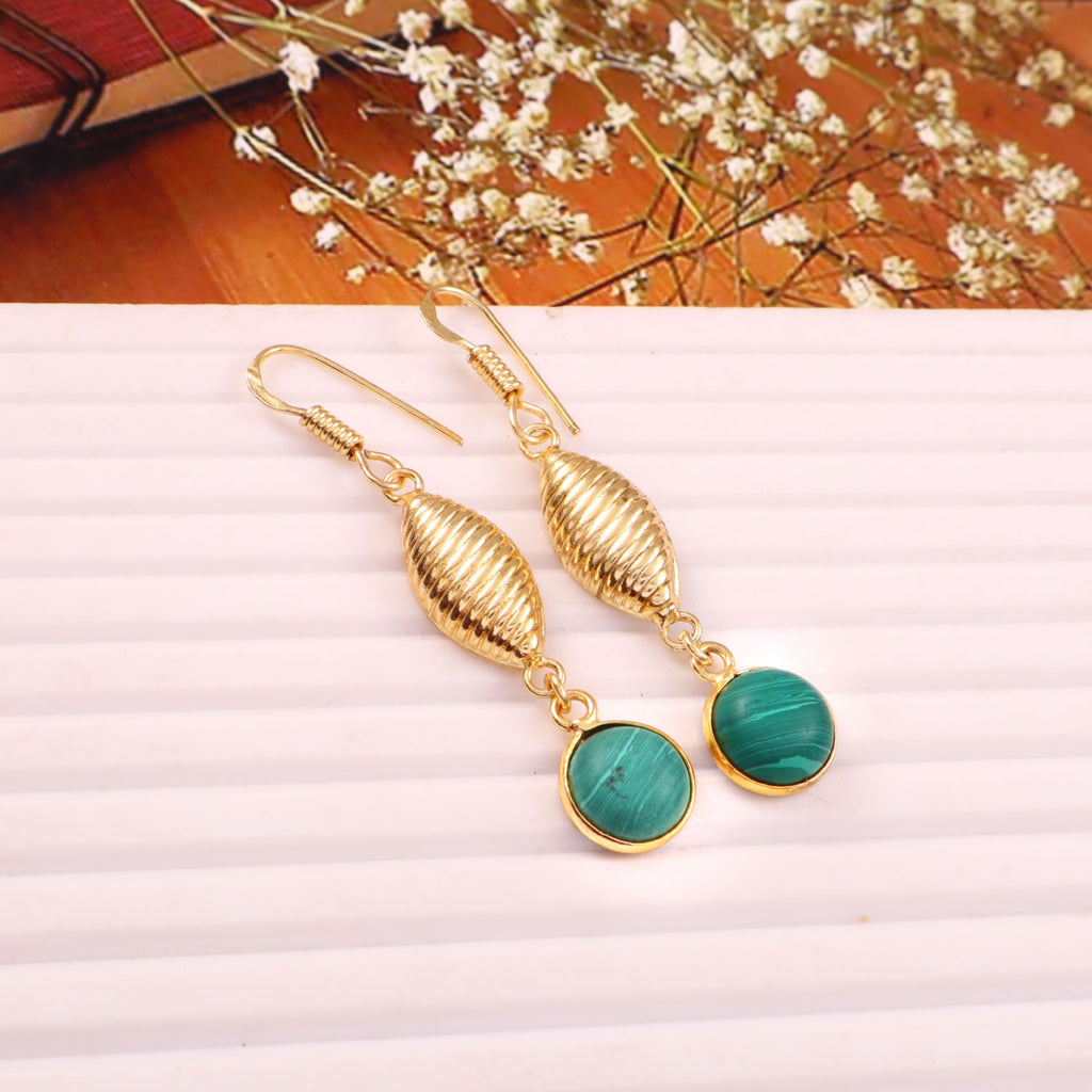 Gold Textured Drop Earrings with Malachite stone