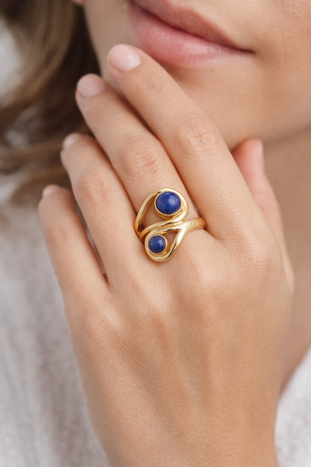 Golden Lapis Spiral Statement Ring