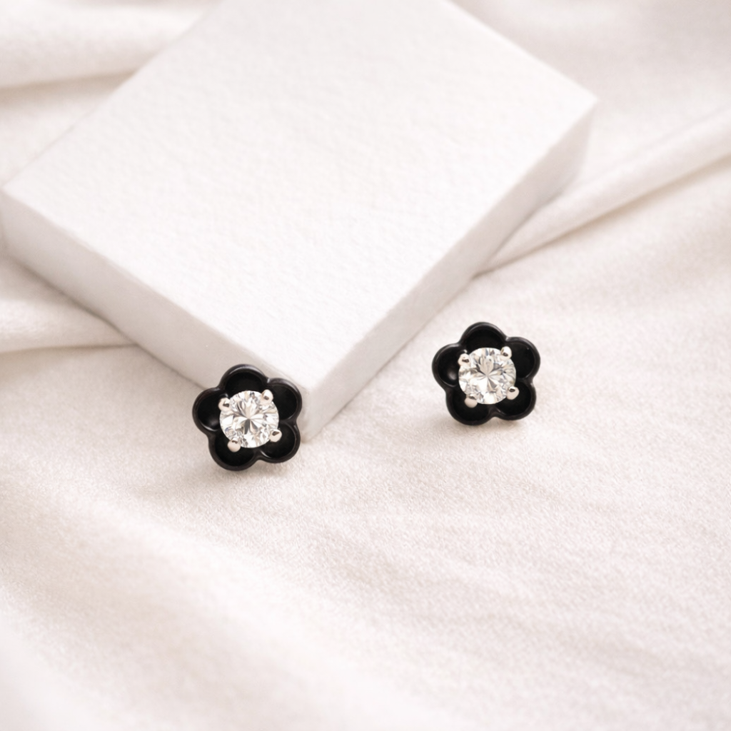 Black Floral Stud Earrings Crystal Center