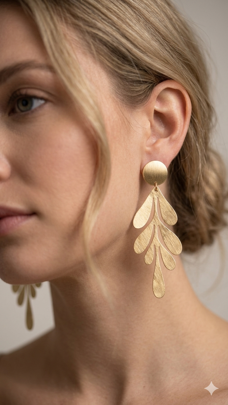 Leaf Cascade Brushed Gold Statement Earrings