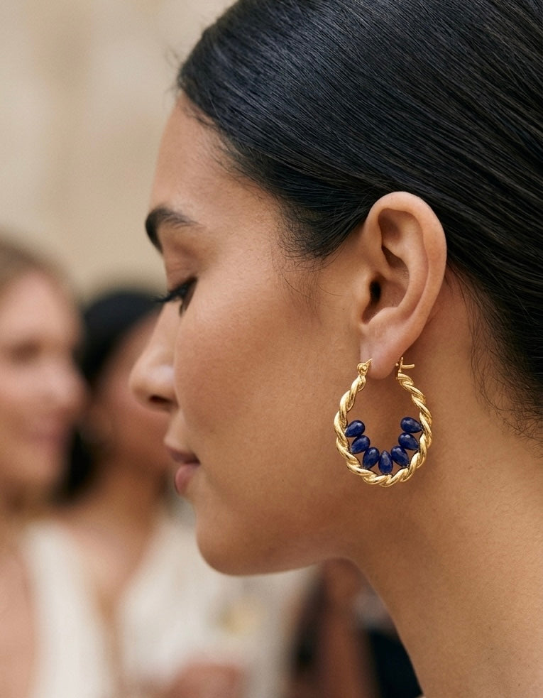Twisted Gold Hoop Earrings with Blue Crystal Accents