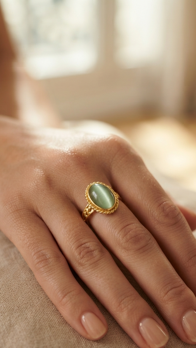 Green Cat’s Eye Cabochon Ring in 18K Gold Vermeil