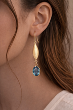 Gold Leaf Drop Earrings with Blue Crystal