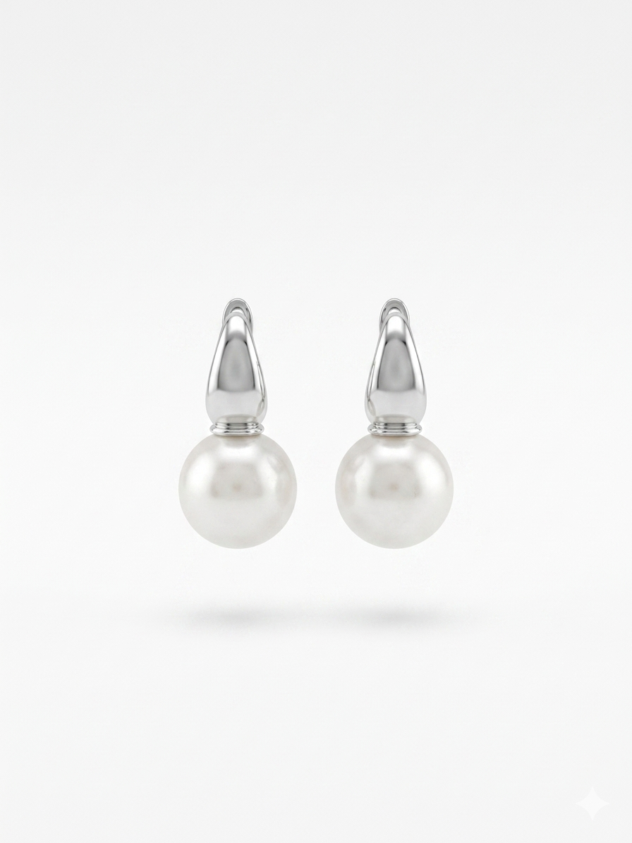 Silver Pearl Drop Earrings, Classic White Pearl Dangle Earrings