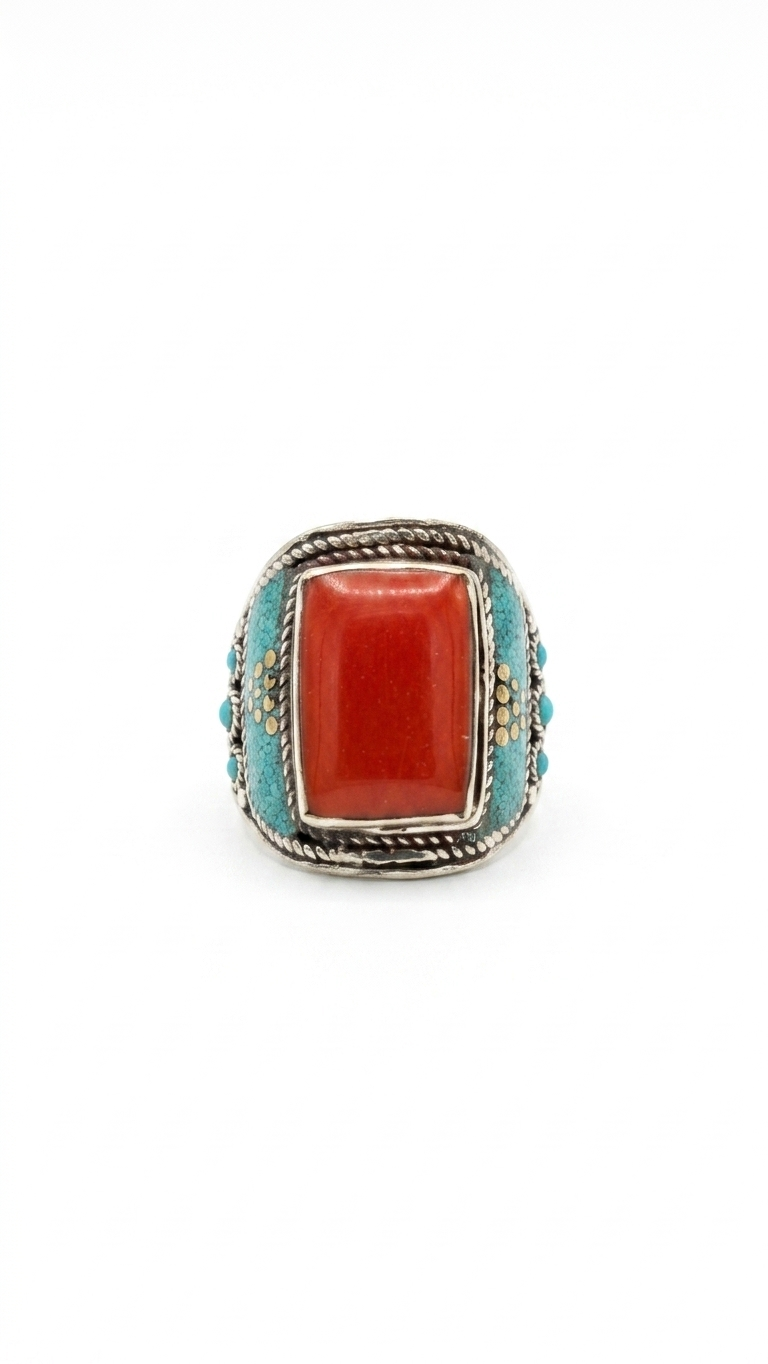 Red Coral & Turquoise Statement Ring | Tibetan Tribal Ring