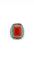 Red Coral & Turquoise Statement Ring | Tibetan Tribal Ring