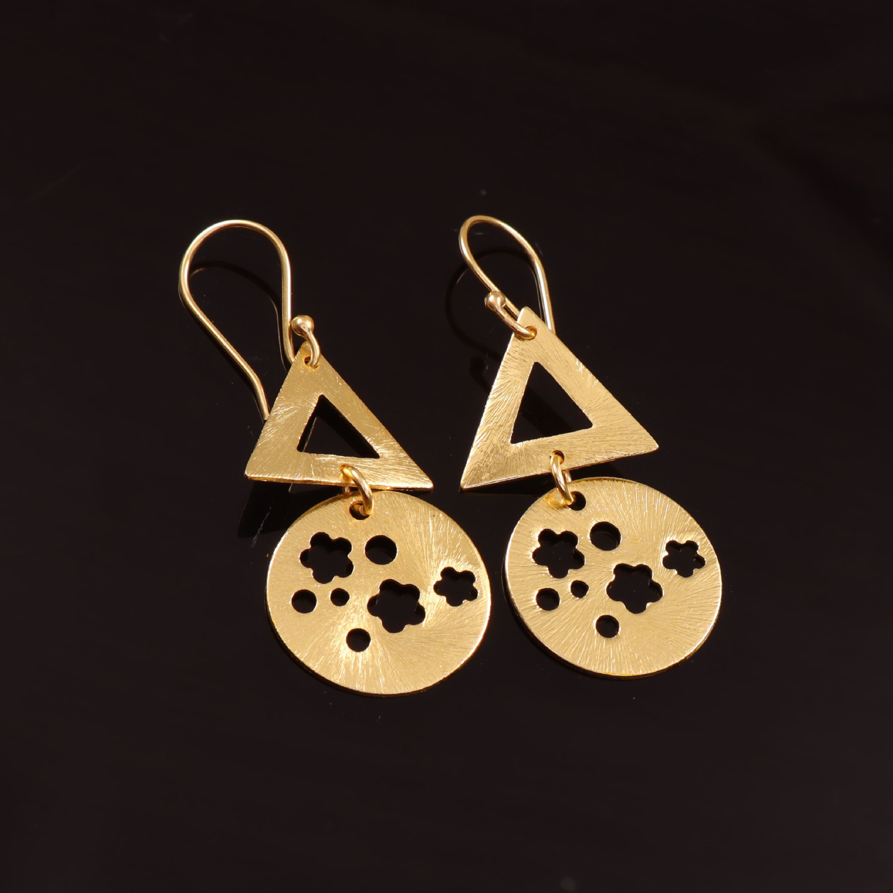 Gold Geometric Dangle Earrings Triangle & Floral Disc Drop