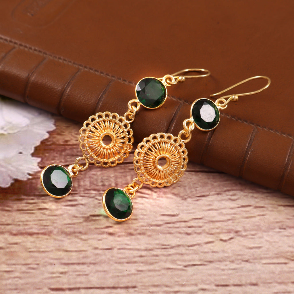 Gold Filigree Drop Earrings with Emerald Green Stones