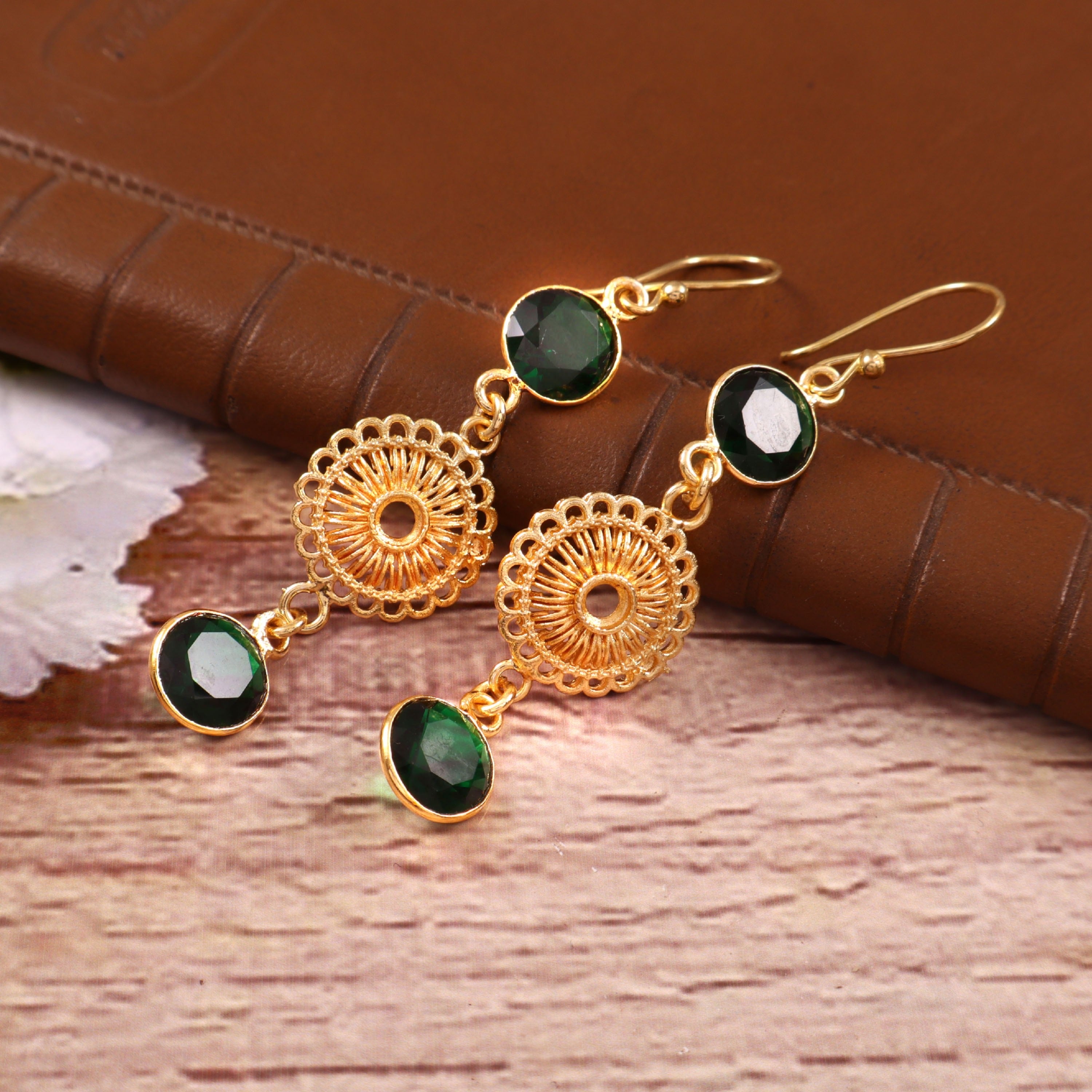 Gold Filigree Drop Earrings with Emerald Green Stones