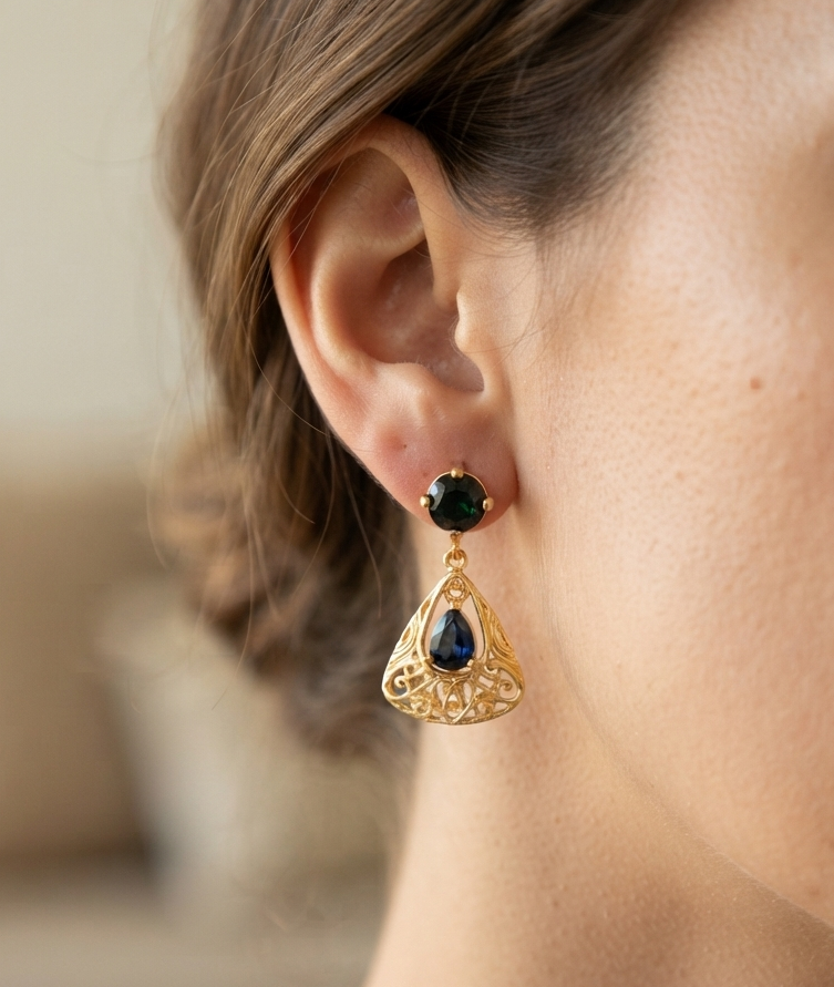 Green Onyx & Blue Sapphire Filigree Drop Earrings in 18K Gold Plated