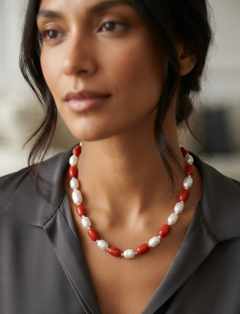 Carnelian & Freshwater Pearl Beaded Necklace