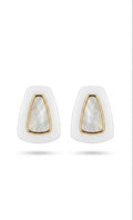 White Geometric Stud Earrings, Gold Frame Shell Earrings