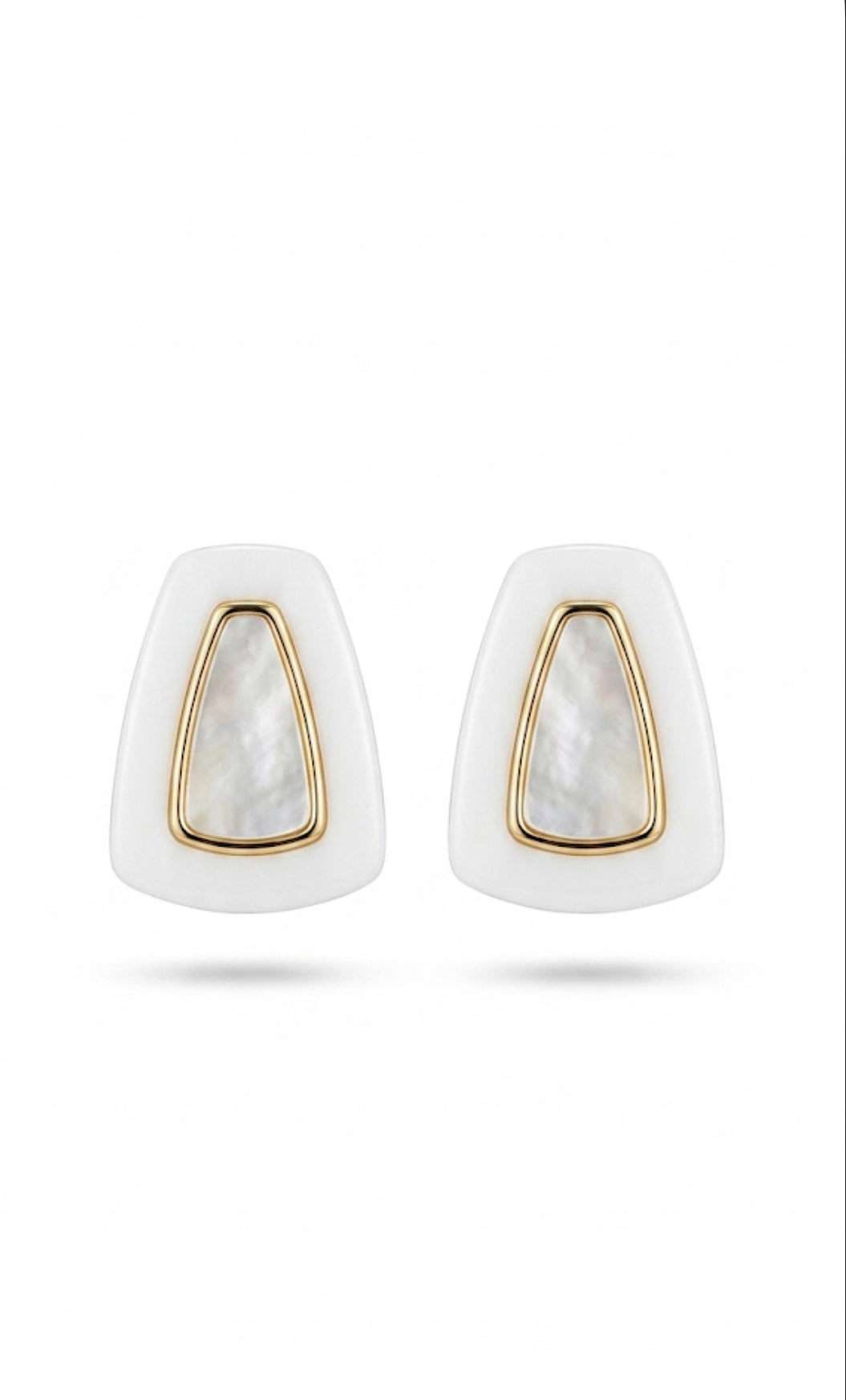 White Geometric Stud Earrings, Gold Frame Shell Earrings