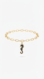 Black Seahorse Charm Bracelet, Gold Link Chain Bracelet