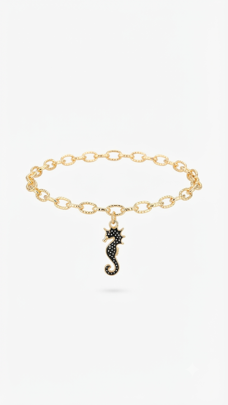 Black Seahorse Charm Bracelet, Gold Link Chain Bracelet