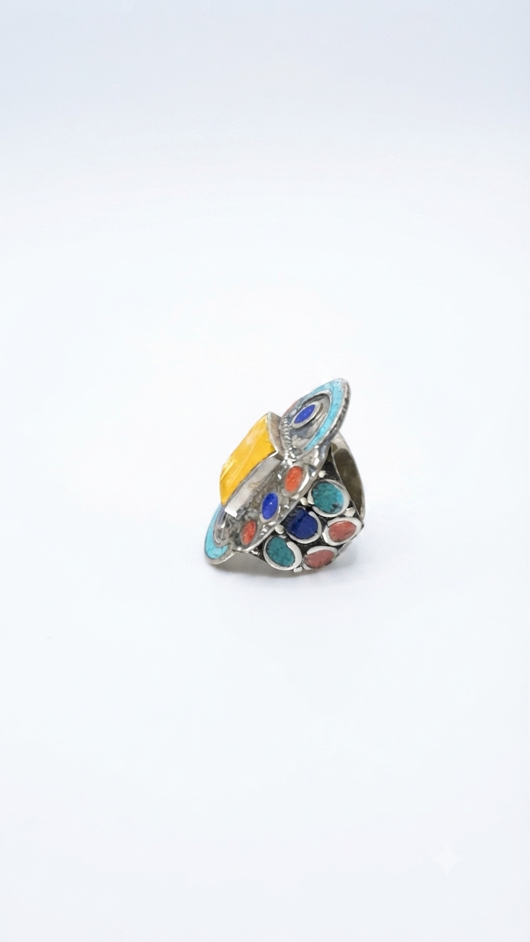 Turquoise, Coral, Lapis & Amber Mosaic Ring