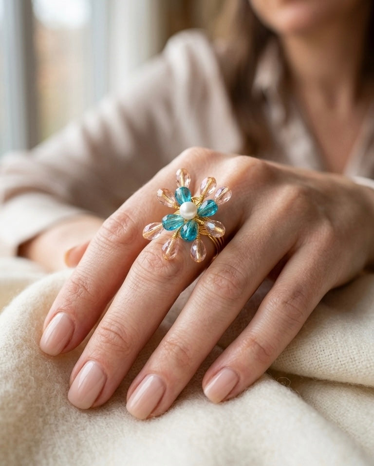 Floral Pearl & Blue Crystal Statement Ring