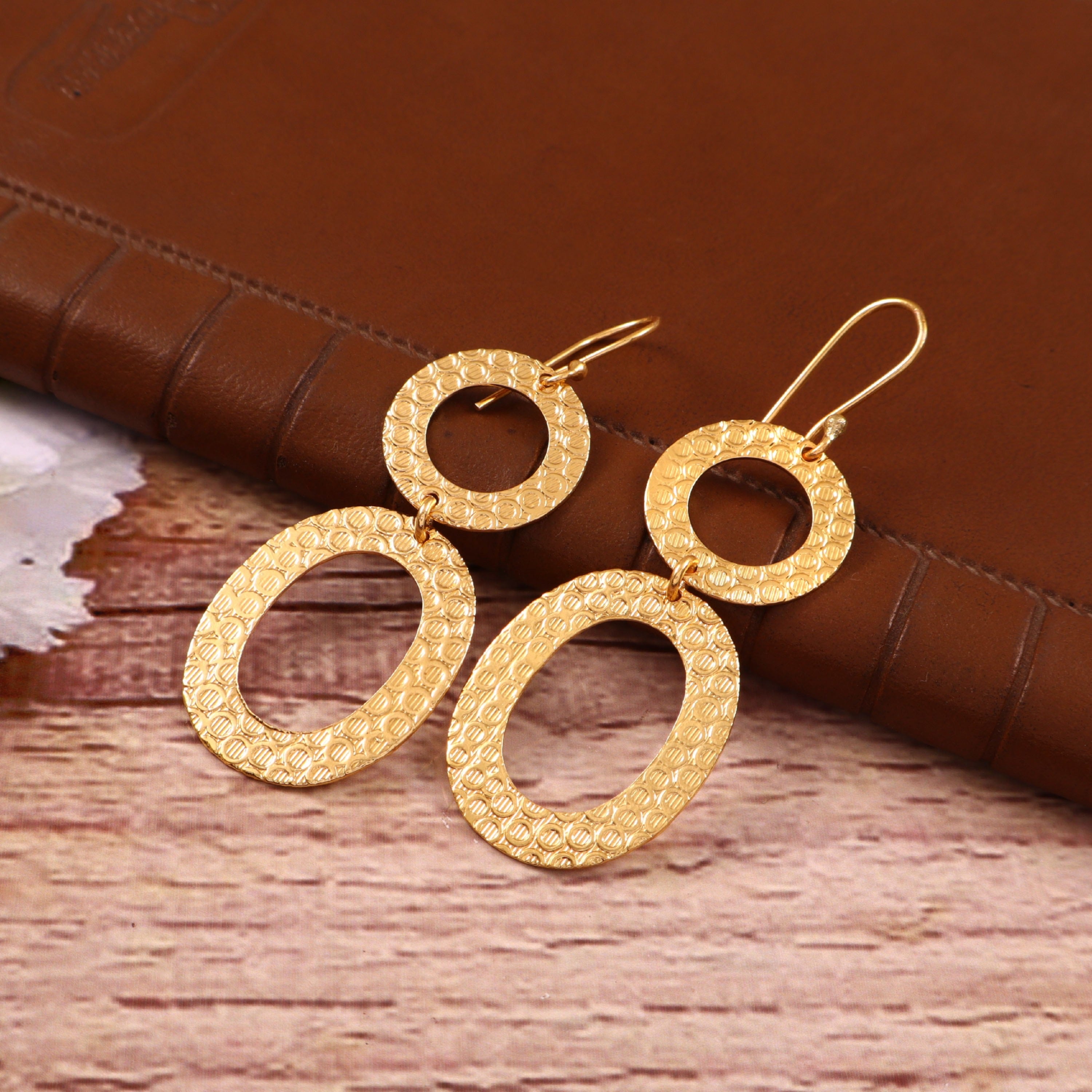 Hammered Gold Double Hoop Dangle Earrings