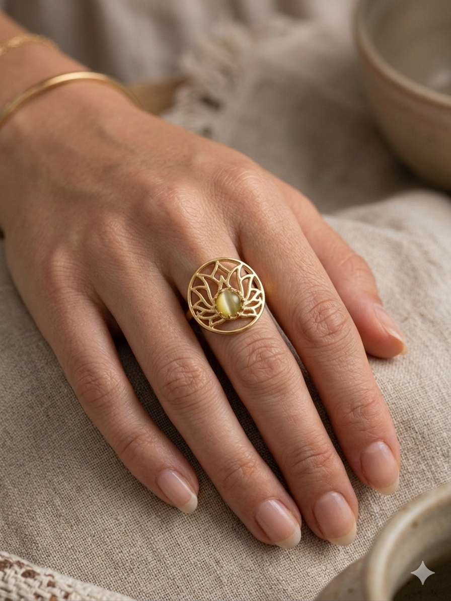 Golden Vine Cat’s Eye Statement Adjustable Ring