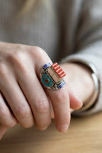 Multi-Stone Tibetan Statement Ring | Coral, Turquoise & Lapis Lazuli Ring