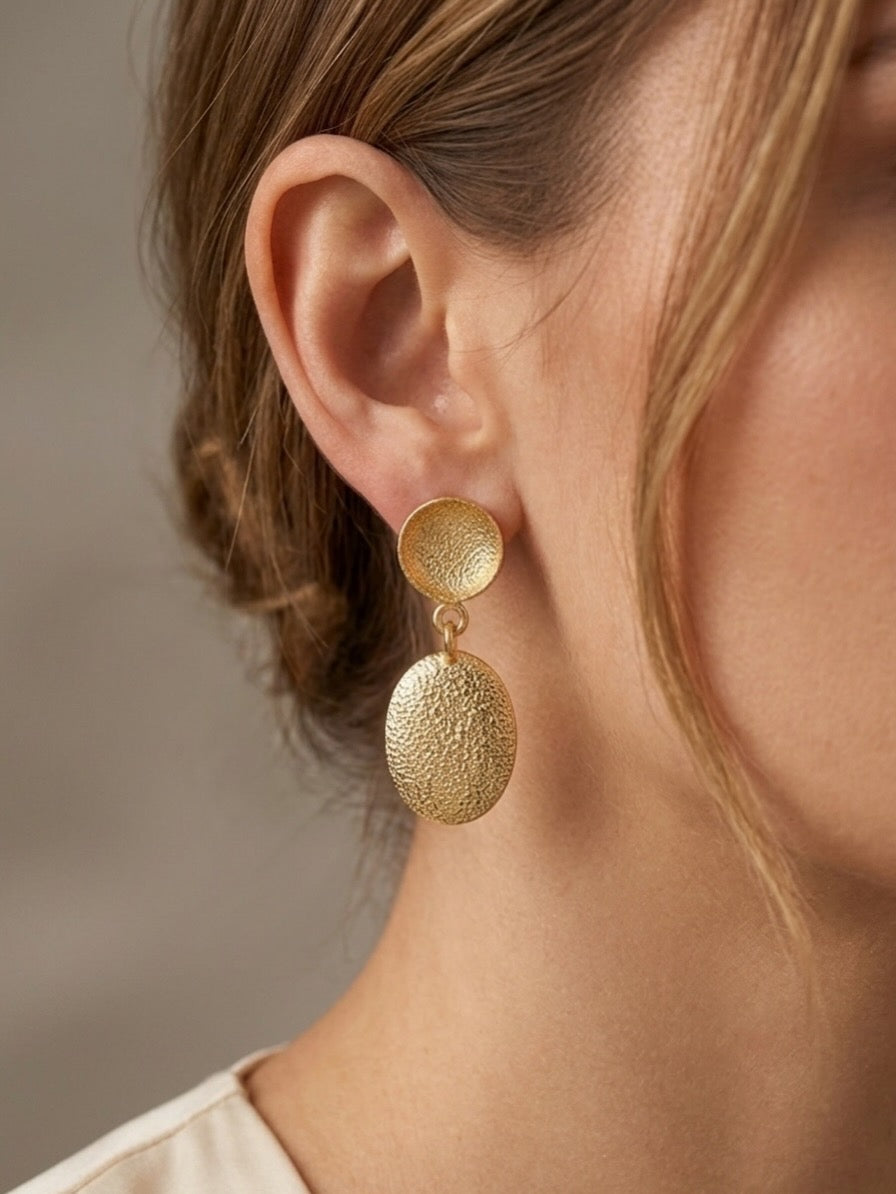 Dual Disc Textured Gold Drop Earrings