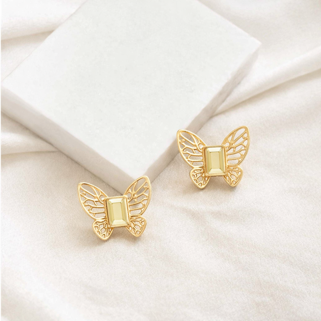 Butterfly Shape Stud Earrings Gold Crystal