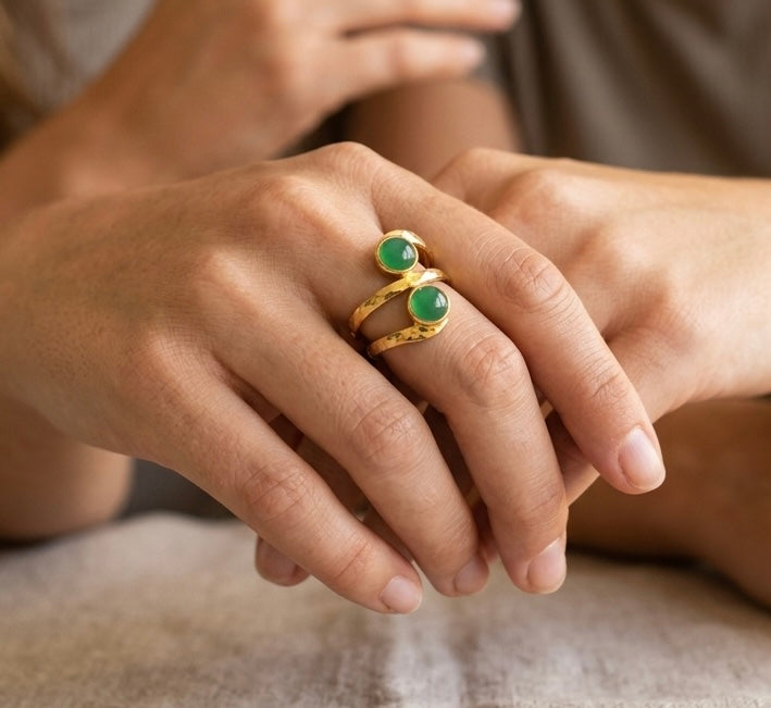 Green Onyx Wrap Ring, Adjustable Gold Statement Ring