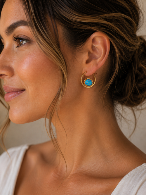 Blue Opal Gold Hoop Earrings