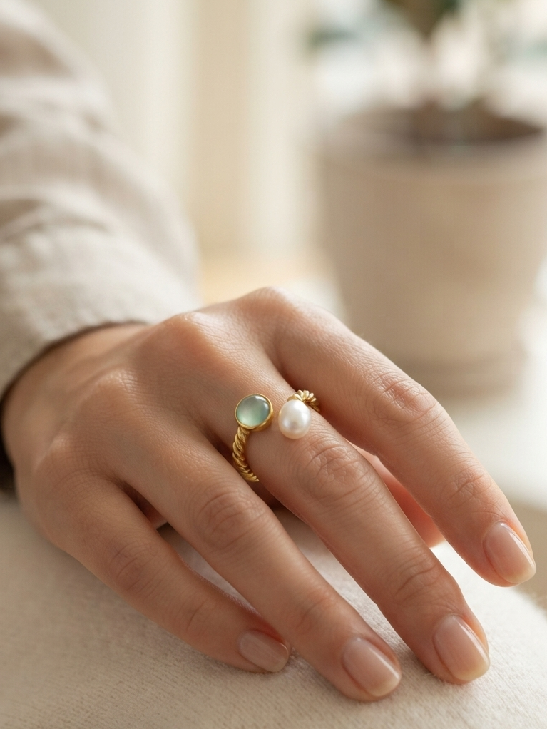Aquamarine & Freshwater Pearl Open Ring