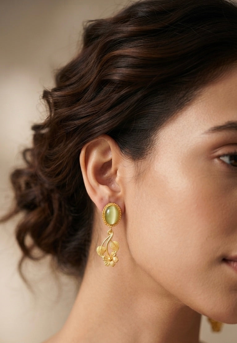 Green Cat’s Eye Floral Drop Earrings