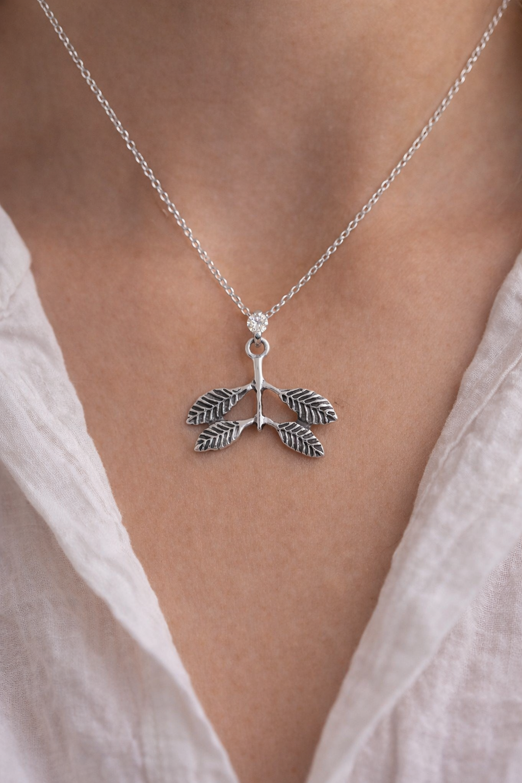 Silver Leaf Branch Pendant Necklace