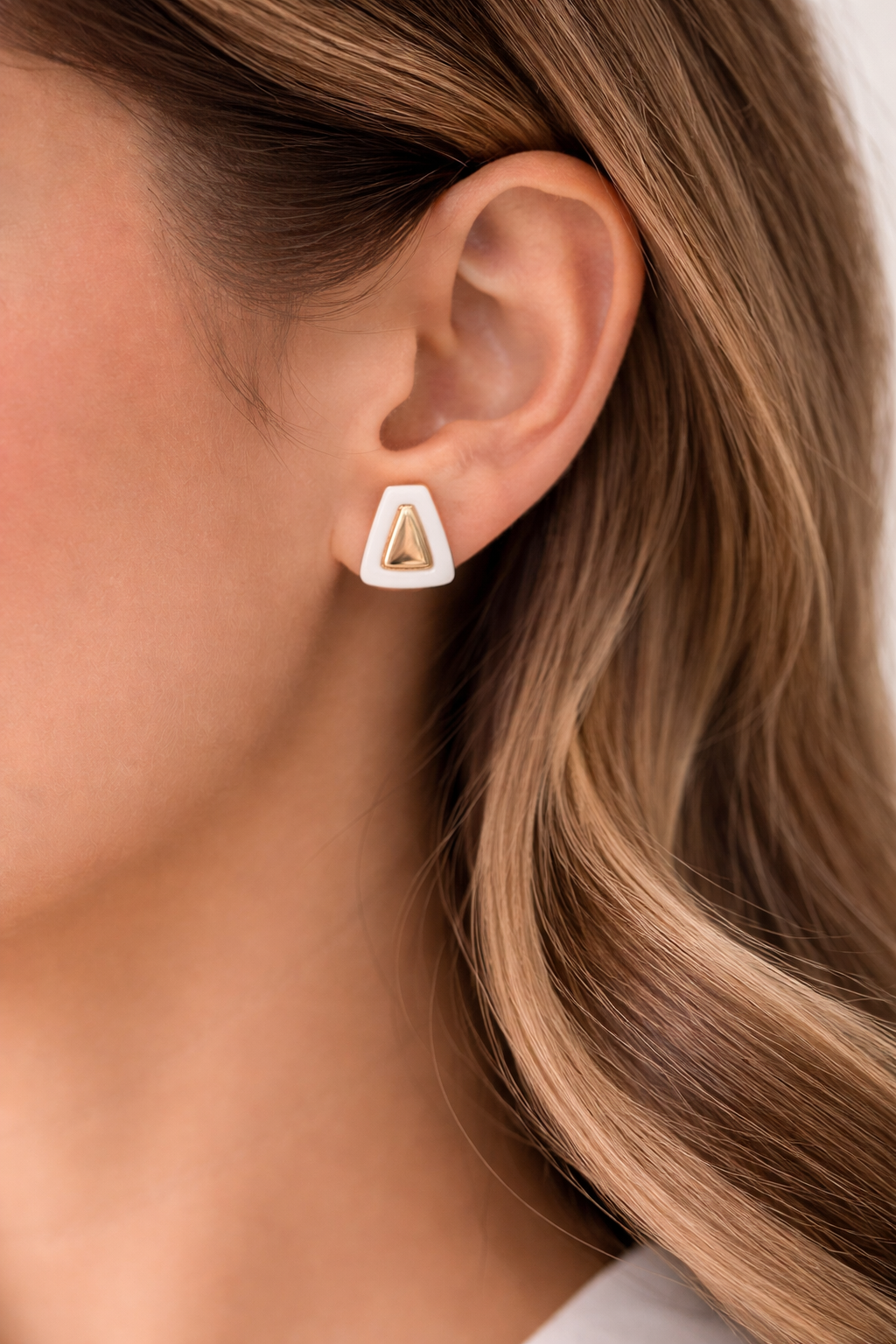 White Geometric Stud Earrings, Gold Frame Shell Earrings