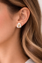White Geometric Stud Earrings, Gold Frame Shell Earrings