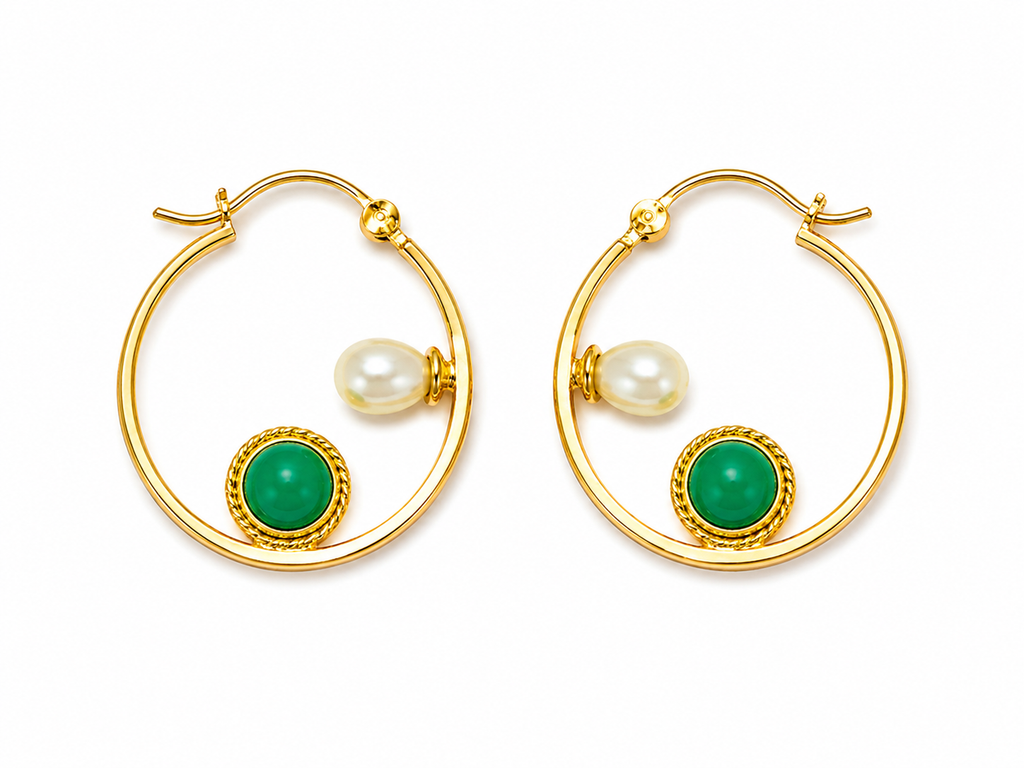 Minimalist Green Stone & Pearl Gold Hoop Earrings