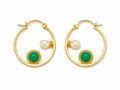 Minimalist Green Stone & Pearl Gold Hoop Earrings