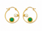 Minimalist Green Stone & Pearl Gold Hoop Earrings