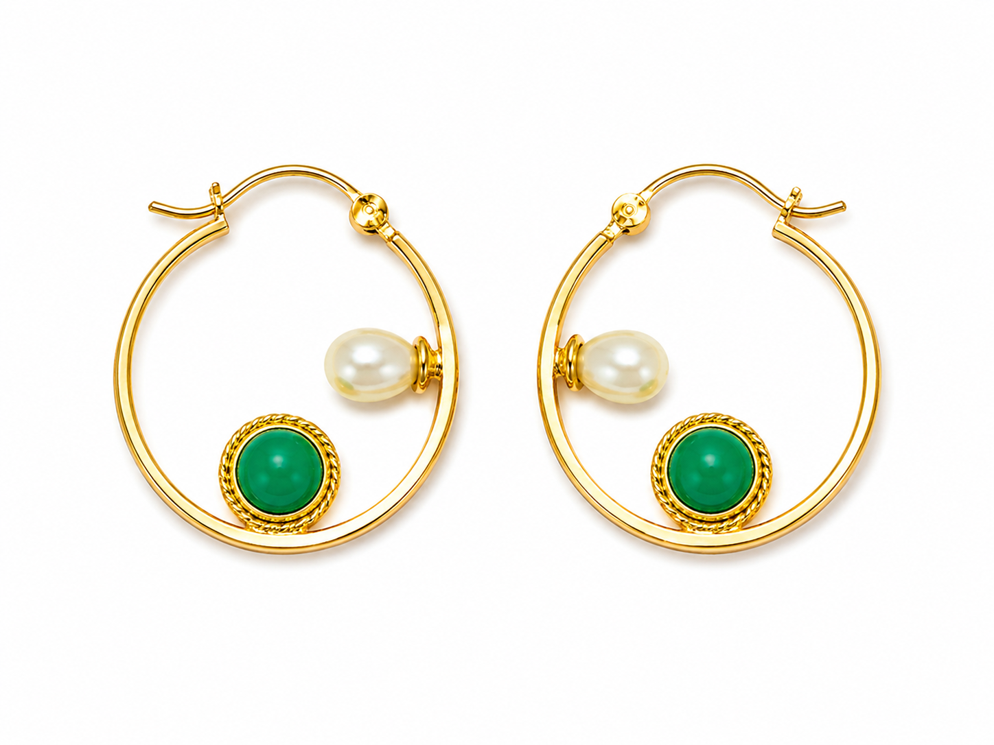 Minimalist Green Stone & Pearl Gold Hoop Earrings