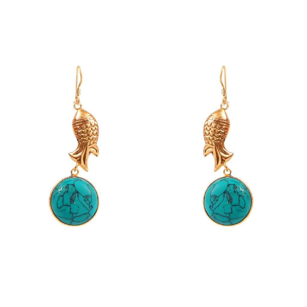 Gold Fish Drop Earrings with Turquoise Stone