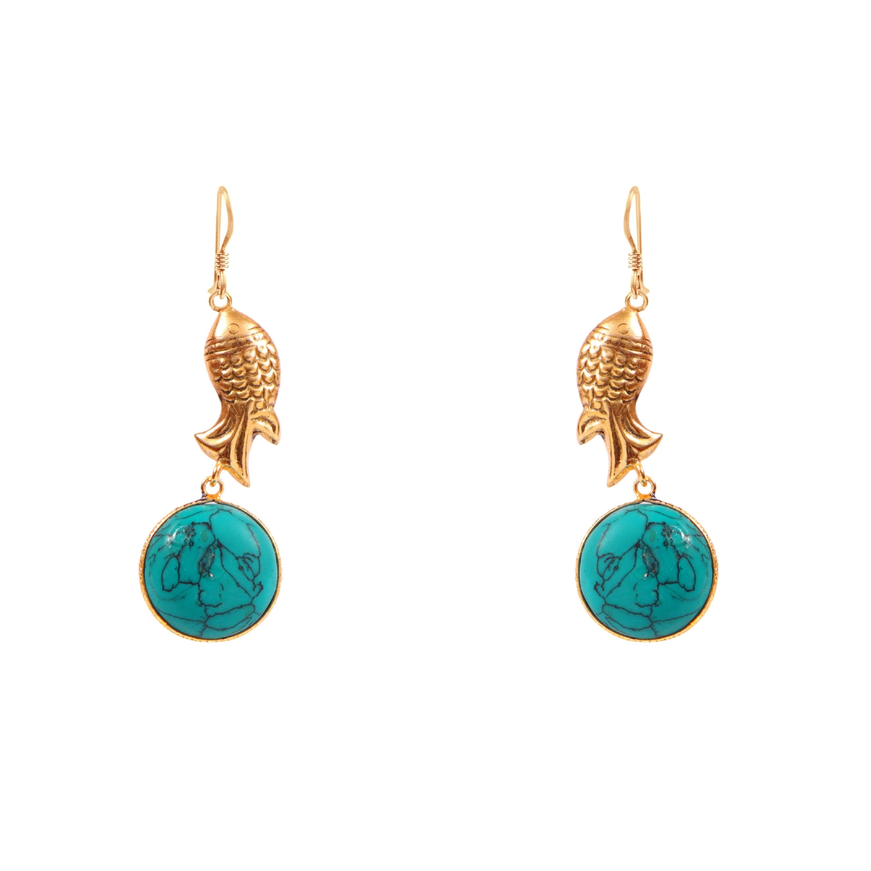 Gold Fish Drop Earrings with Turquoise Stone