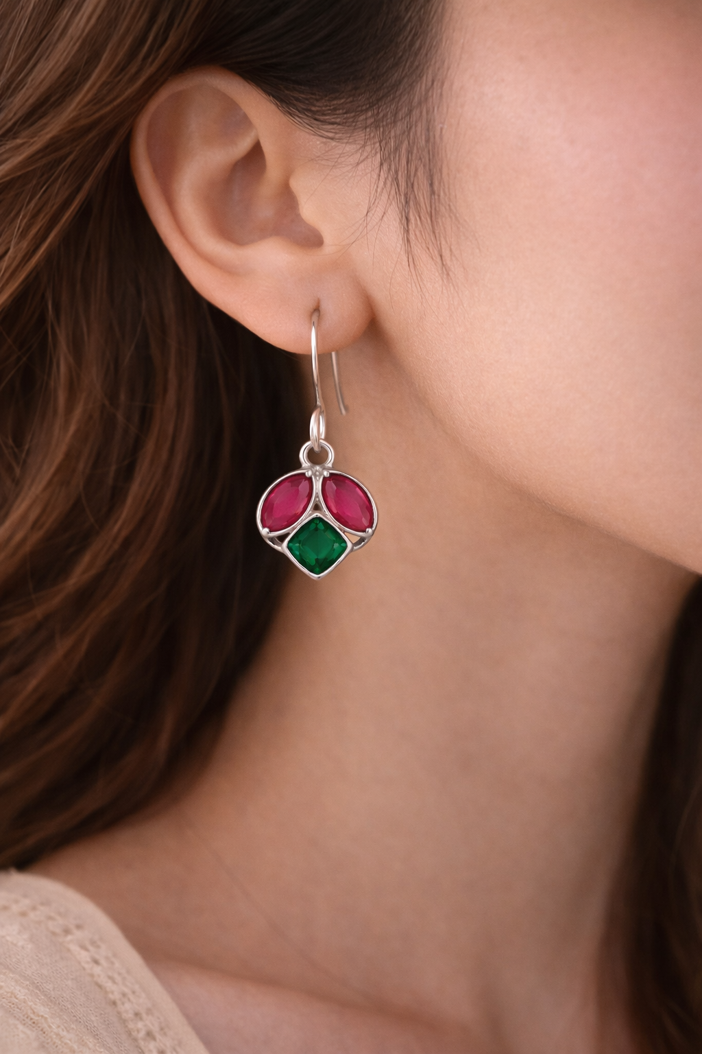 Ruby & Emerald Inspired Silver Tone Drop Earrings