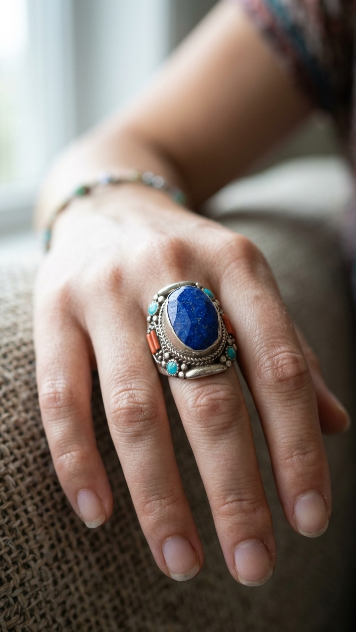 Vintage Lapis Lazuli Statement Ring in Silver Tone | Bohemian Ethnic Cocktail Ring