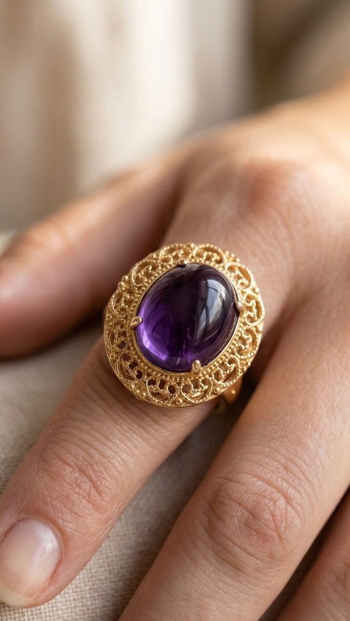 Vintage Gold Amethyst Ring for Women