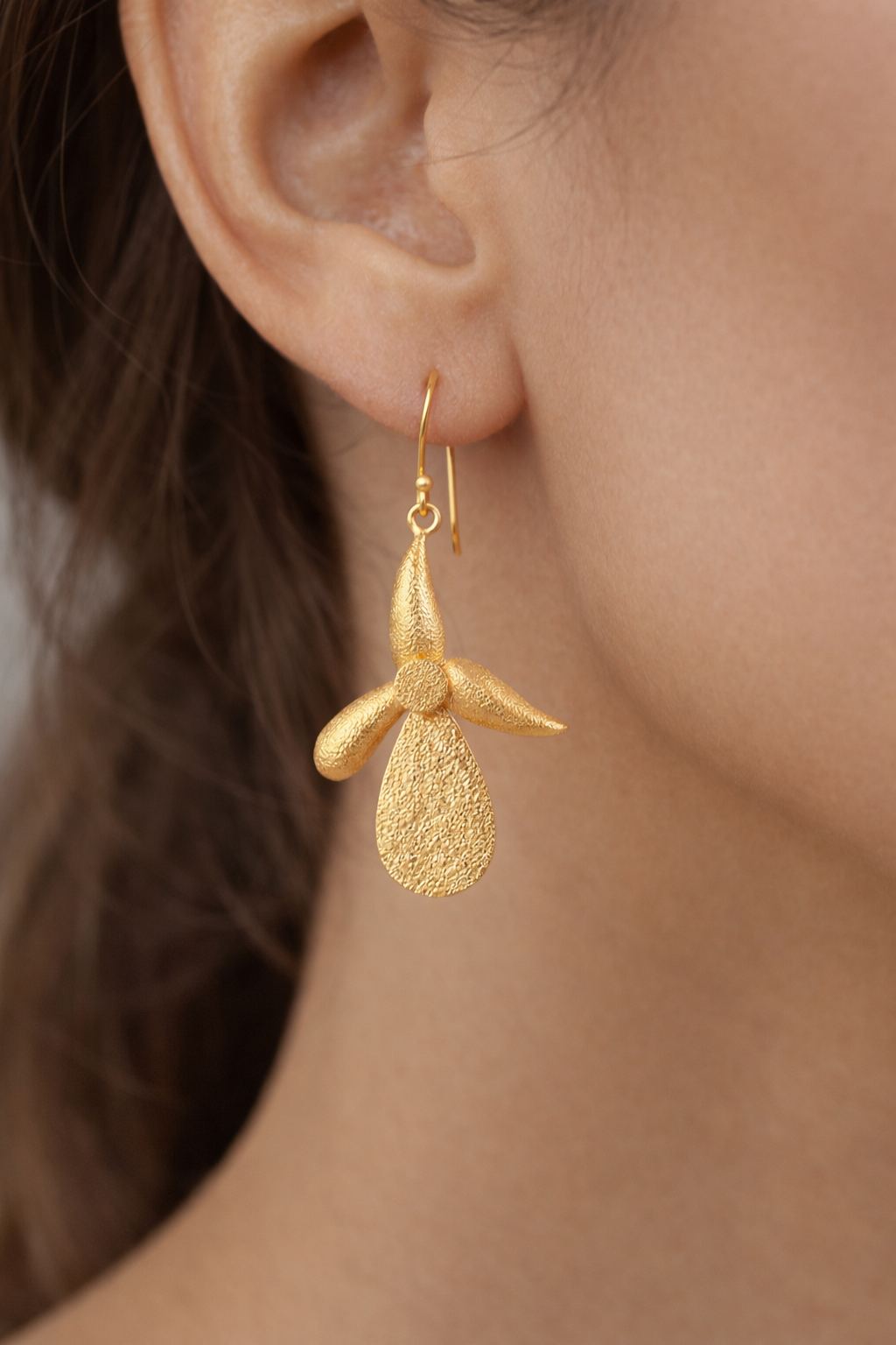 Golden Petal Drop Earrings – Textured Floral Statement Design