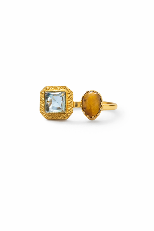 Blue Topaz & Tiger Eye Ring Adjustable Gold Statement Ring