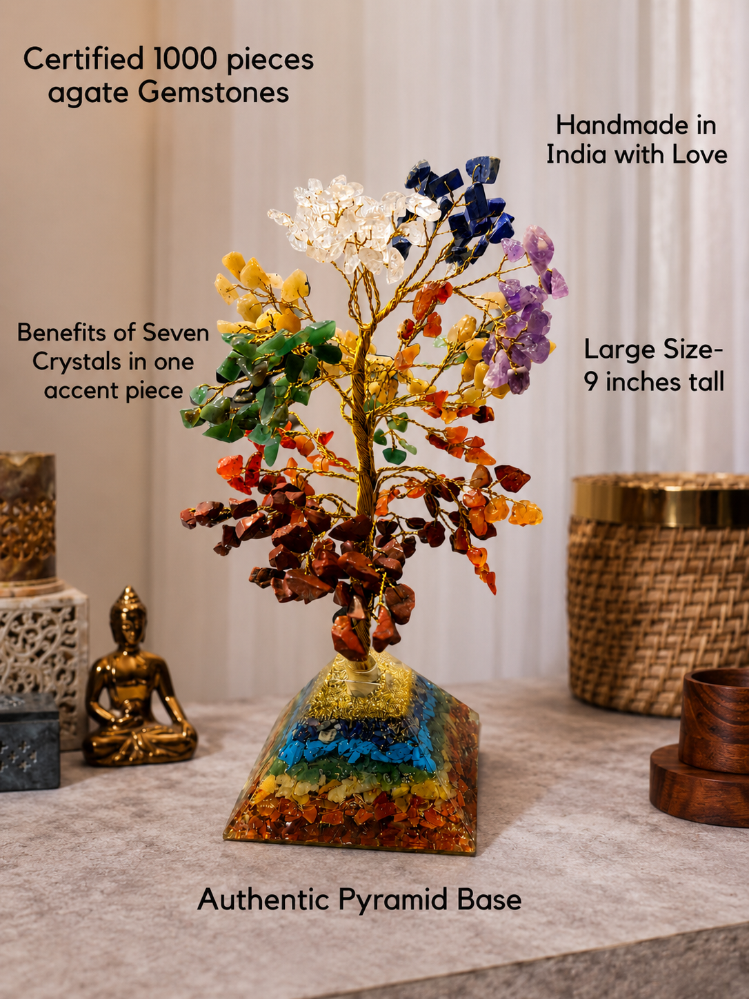7 Chakra Gemstone Tree with Orgone Pyramid Base | Handmade Crystal Healing Decor
