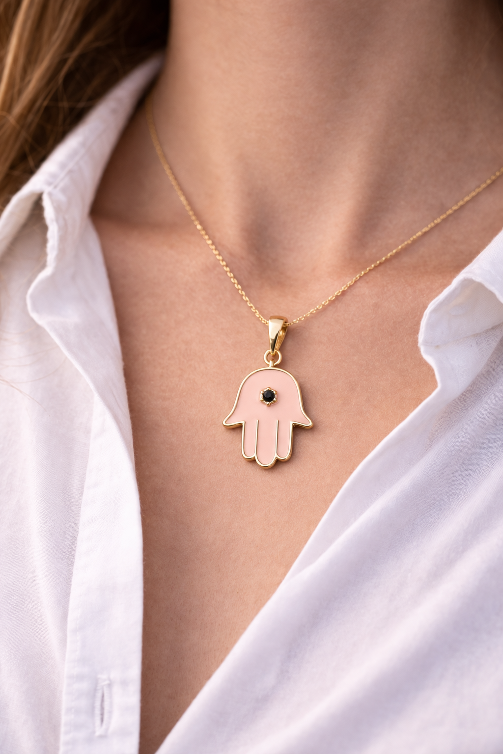 Gold Hamsa Hand Pendant Necklace | Pink Enamel Evil Eye Charm