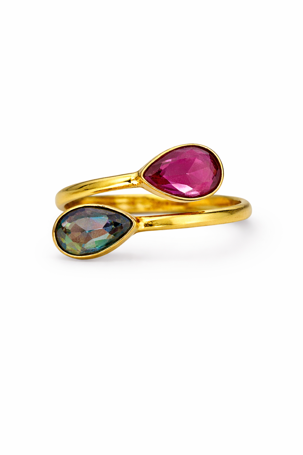 Pink & Green Teardrop Adjustable Gold Ring
