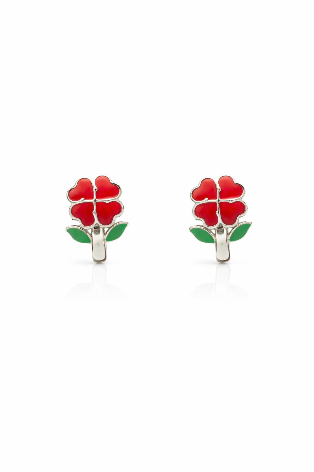 Cute Red Flower Earrings Green Leaf Studs